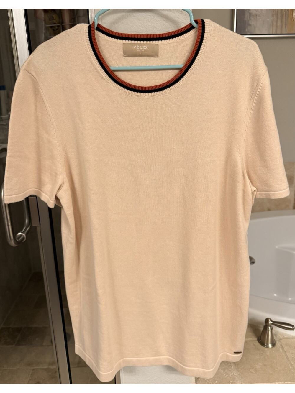Velez Artisan Knit Top Womens L Beige 100% Cotton Short Sleeve Minimalist Luxury
